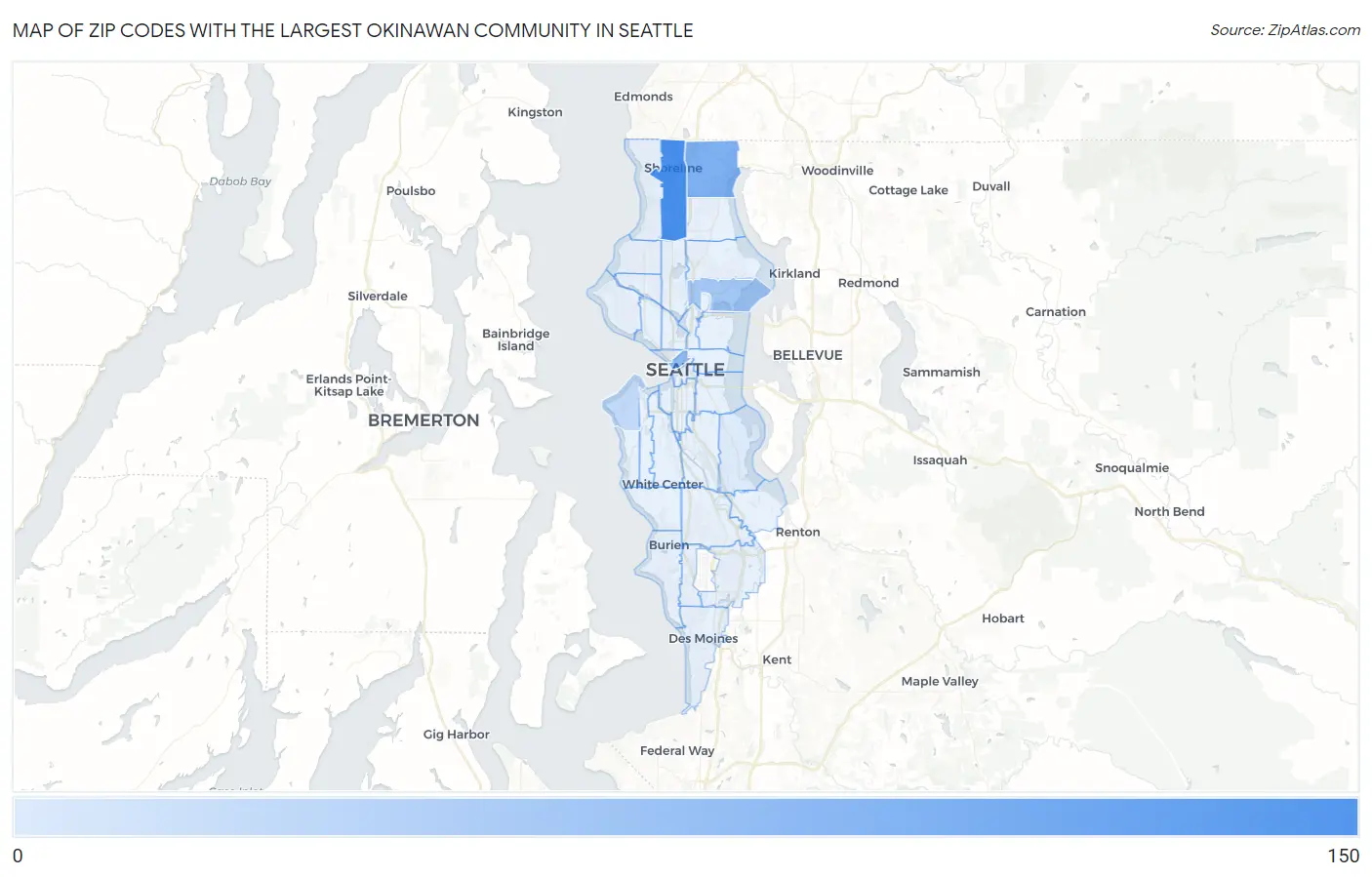 Zip Codes with the Largest Okinawan Community in Seattle Map