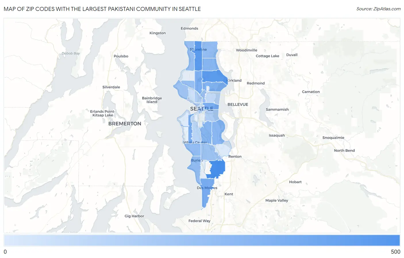 Zip Codes with the Largest Pakistani Community in Seattle Map