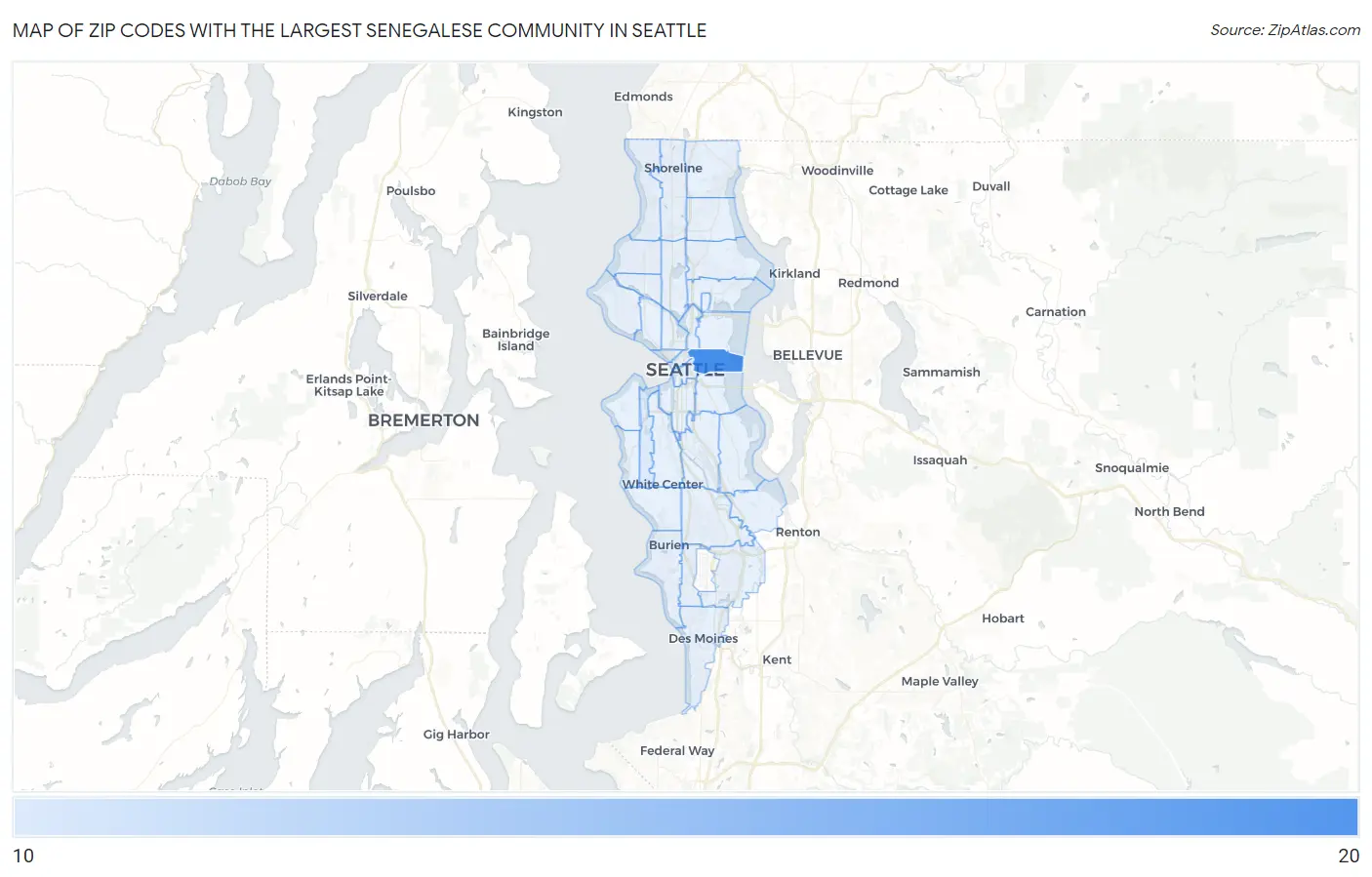 Zip Codes with the Largest Senegalese Community in Seattle Map