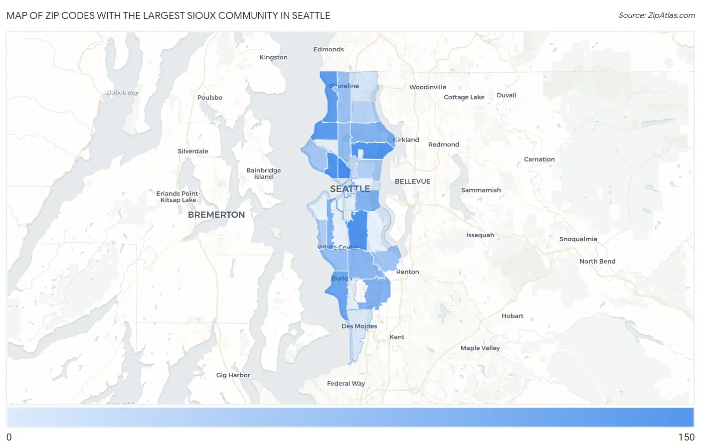 Zip Codes with the Largest Sioux Community in Seattle Map