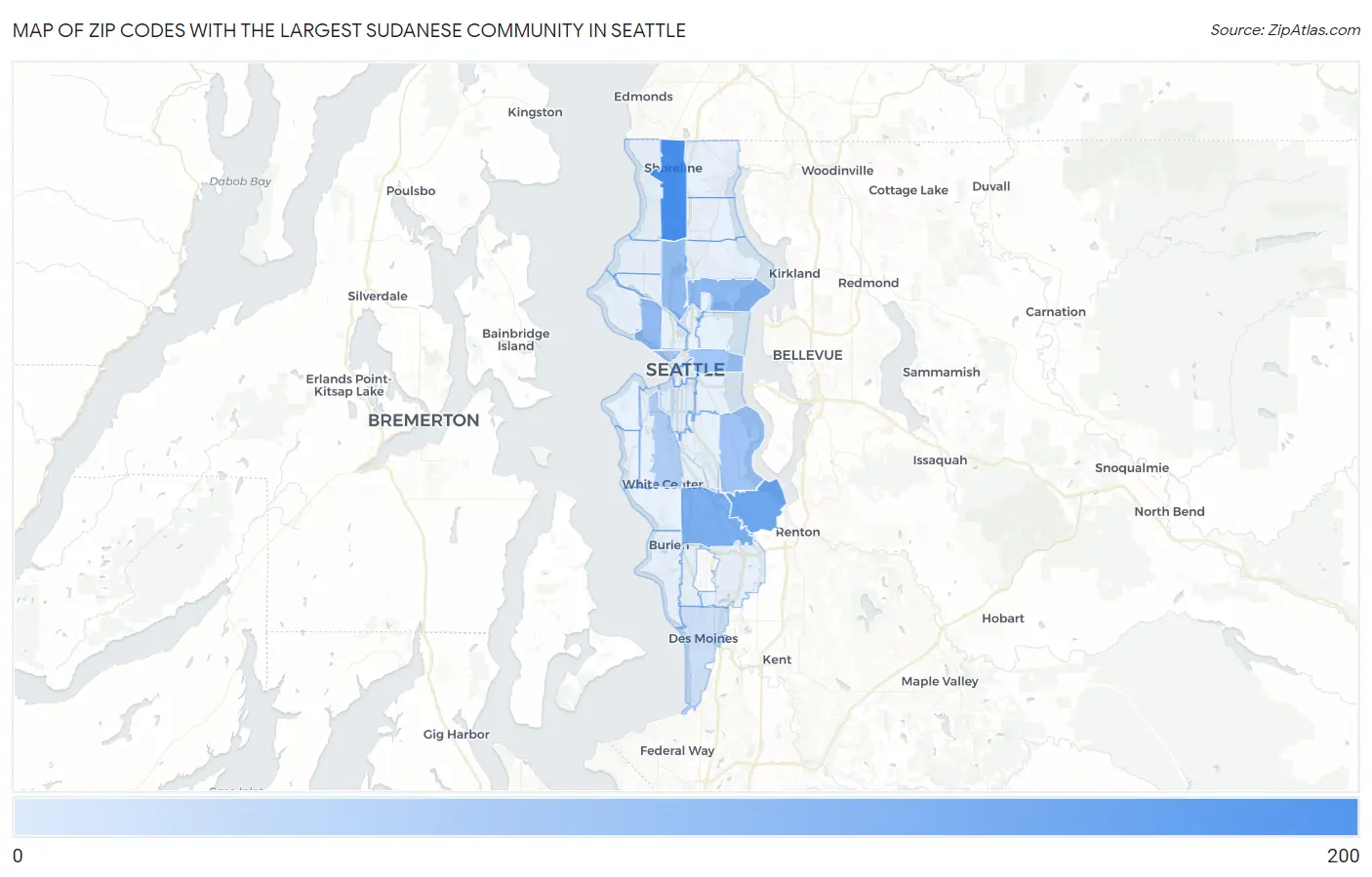 Zip Codes with the Largest Sudanese Community in Seattle Map