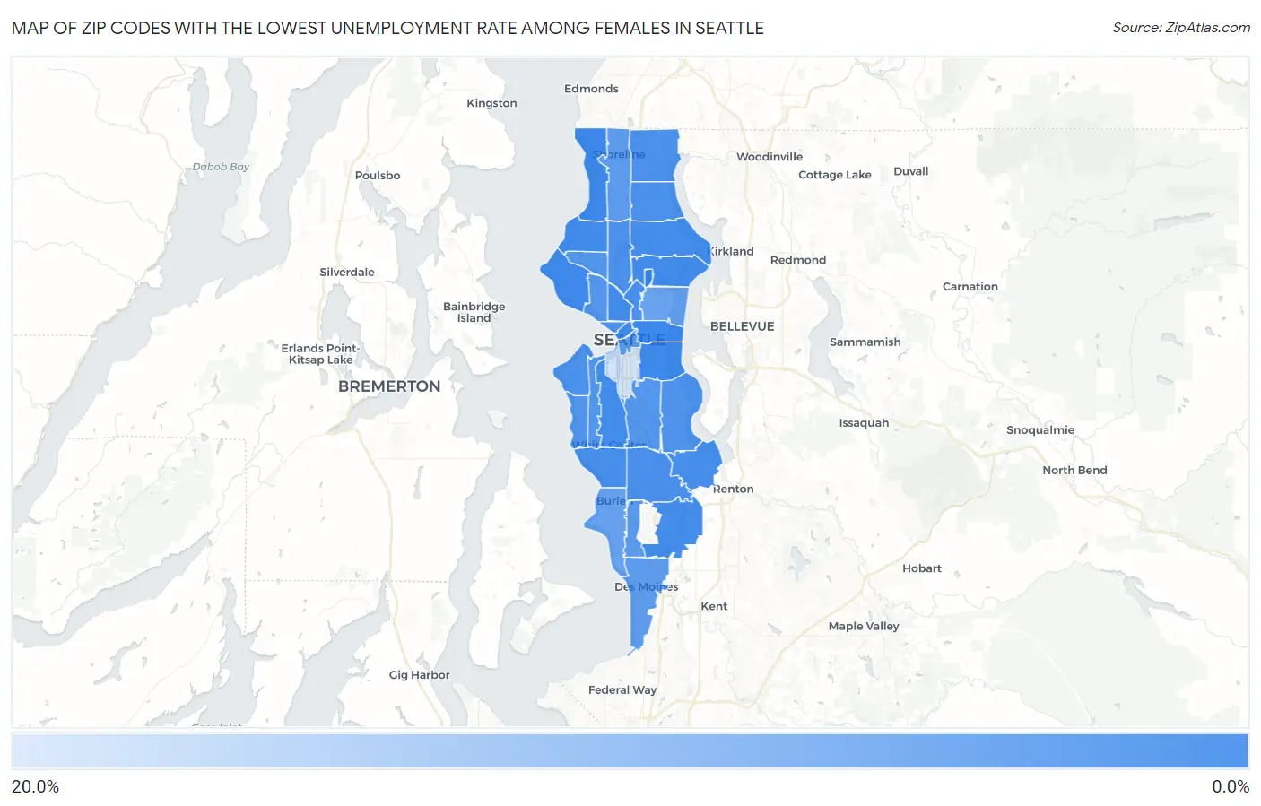 Zip Codes with the Lowest Unemployment Rate Among Females in Seattle Map