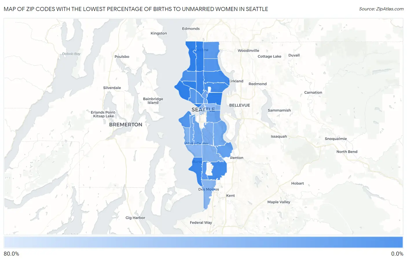 Zip Codes with the Lowest Percentage of Births to Unmarried Women in Seattle Map