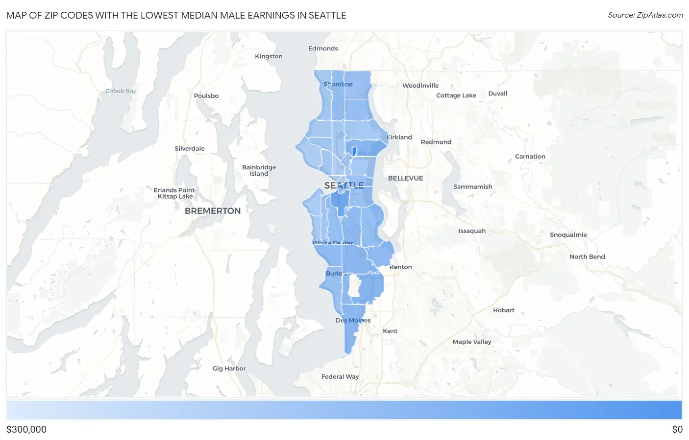 Zip Codes with the Lowest Median Male Earnings in Seattle Map