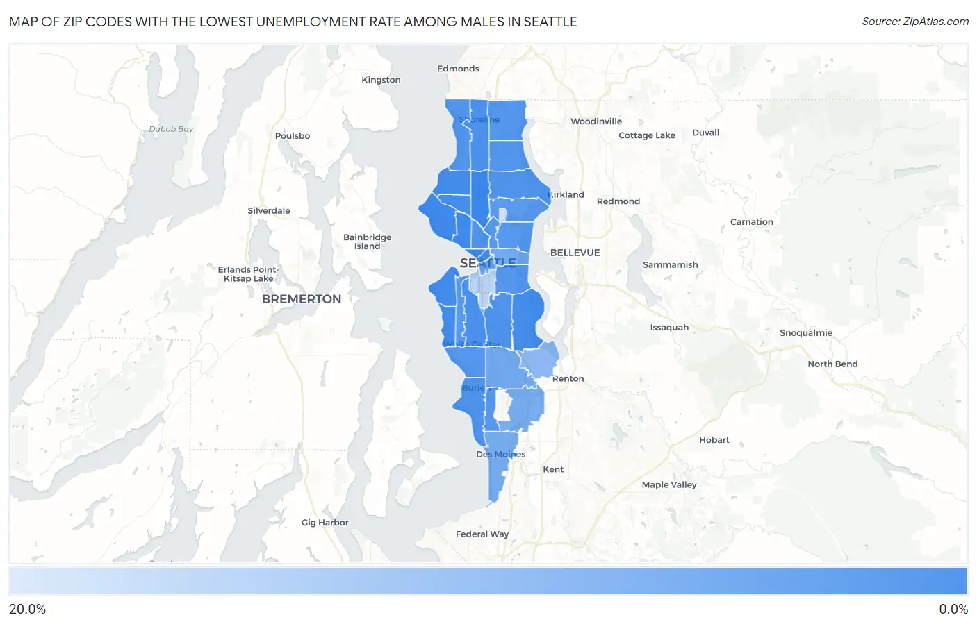 Zip Codes with the Lowest Unemployment Rate Among Males in Seattle Map