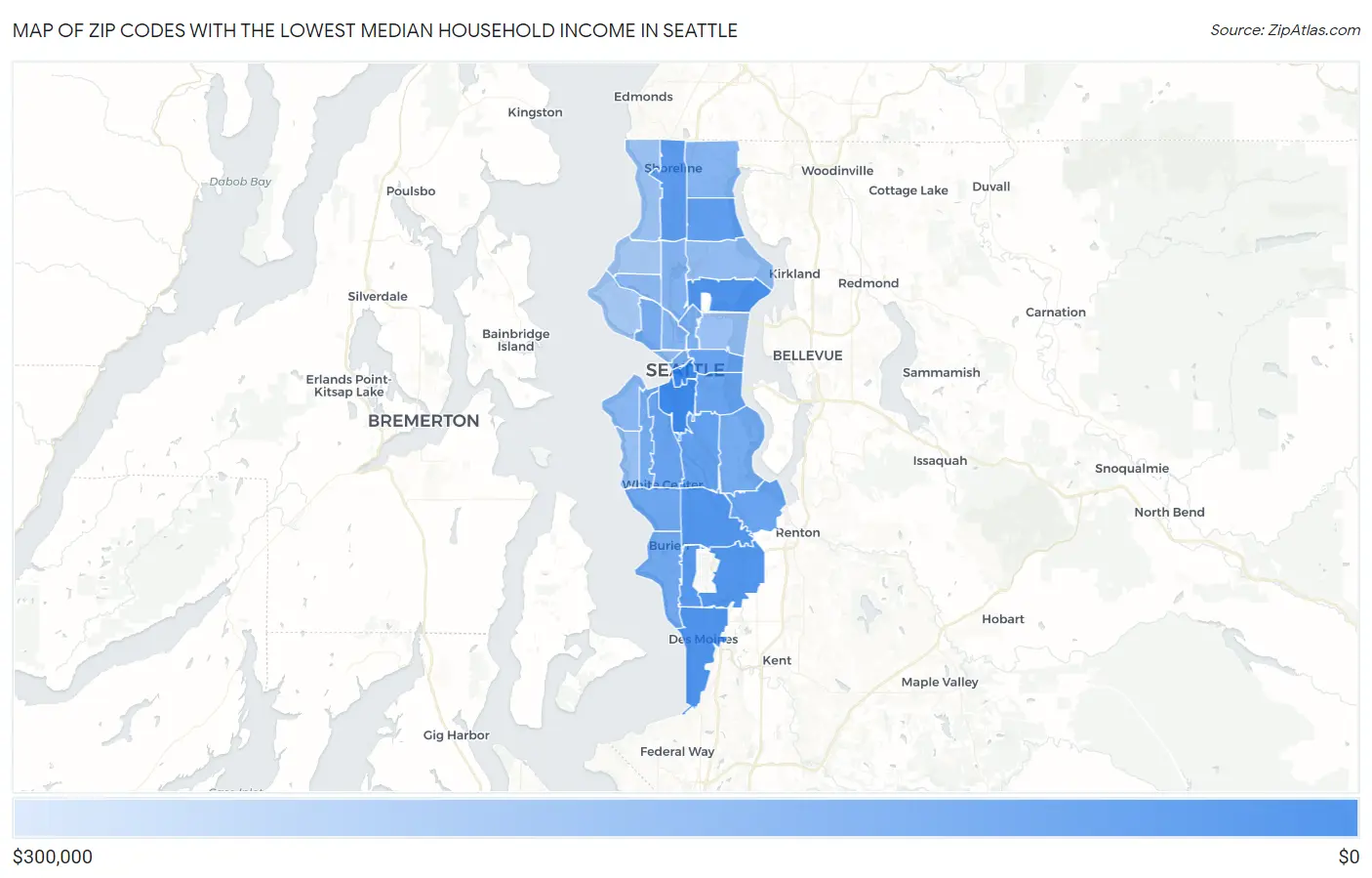 Zip Codes with the Lowest Median Household Income in Seattle Map