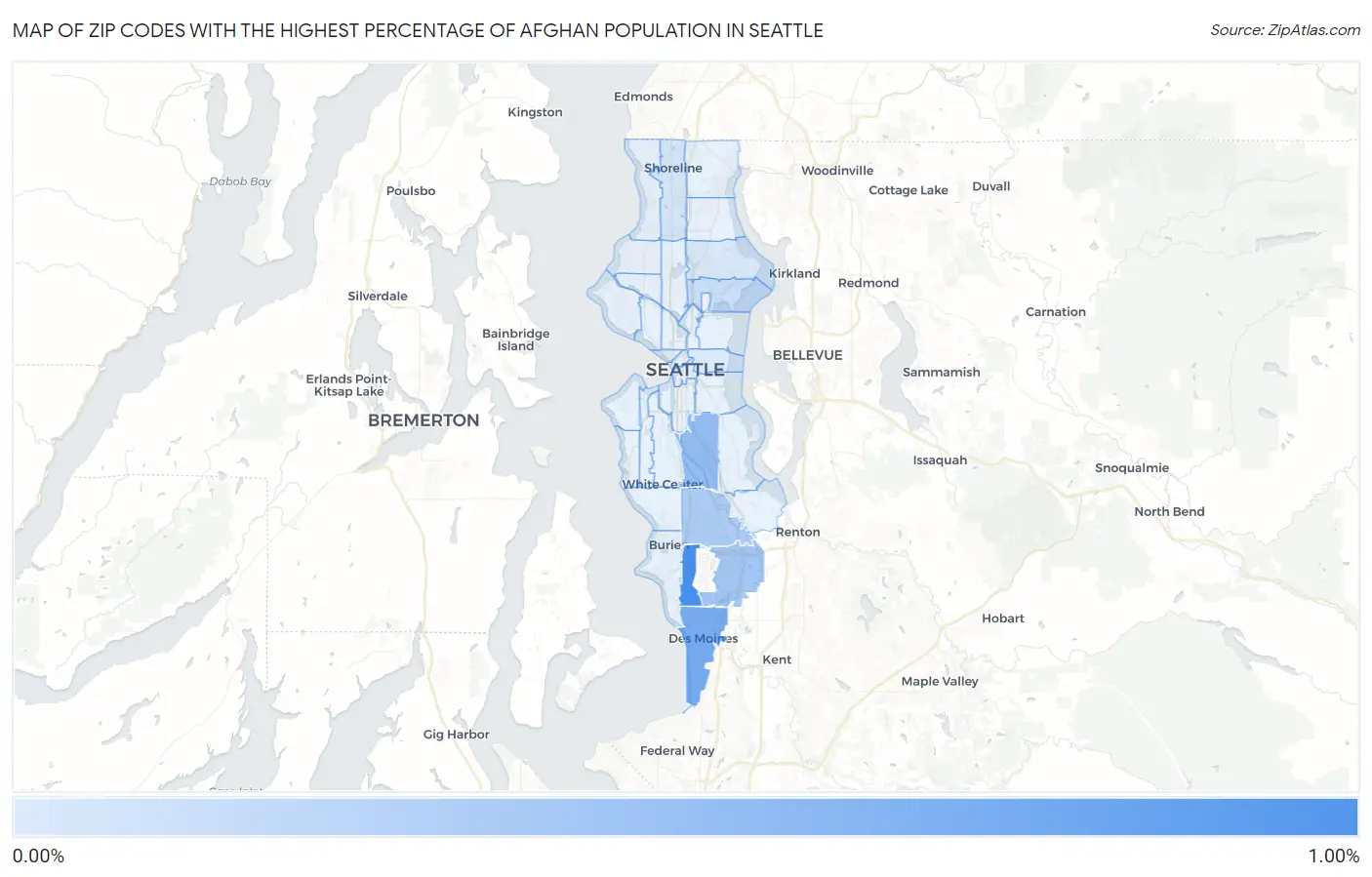 Zip Codes with the Highest Percentage of Afghan Population in Seattle Map