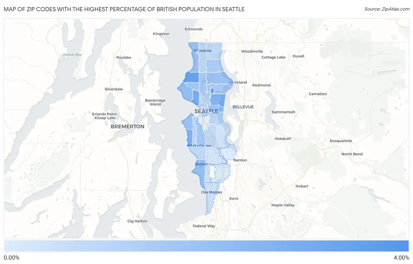 Zip Codes with the Highest Percentage of British Population in Seattle Map