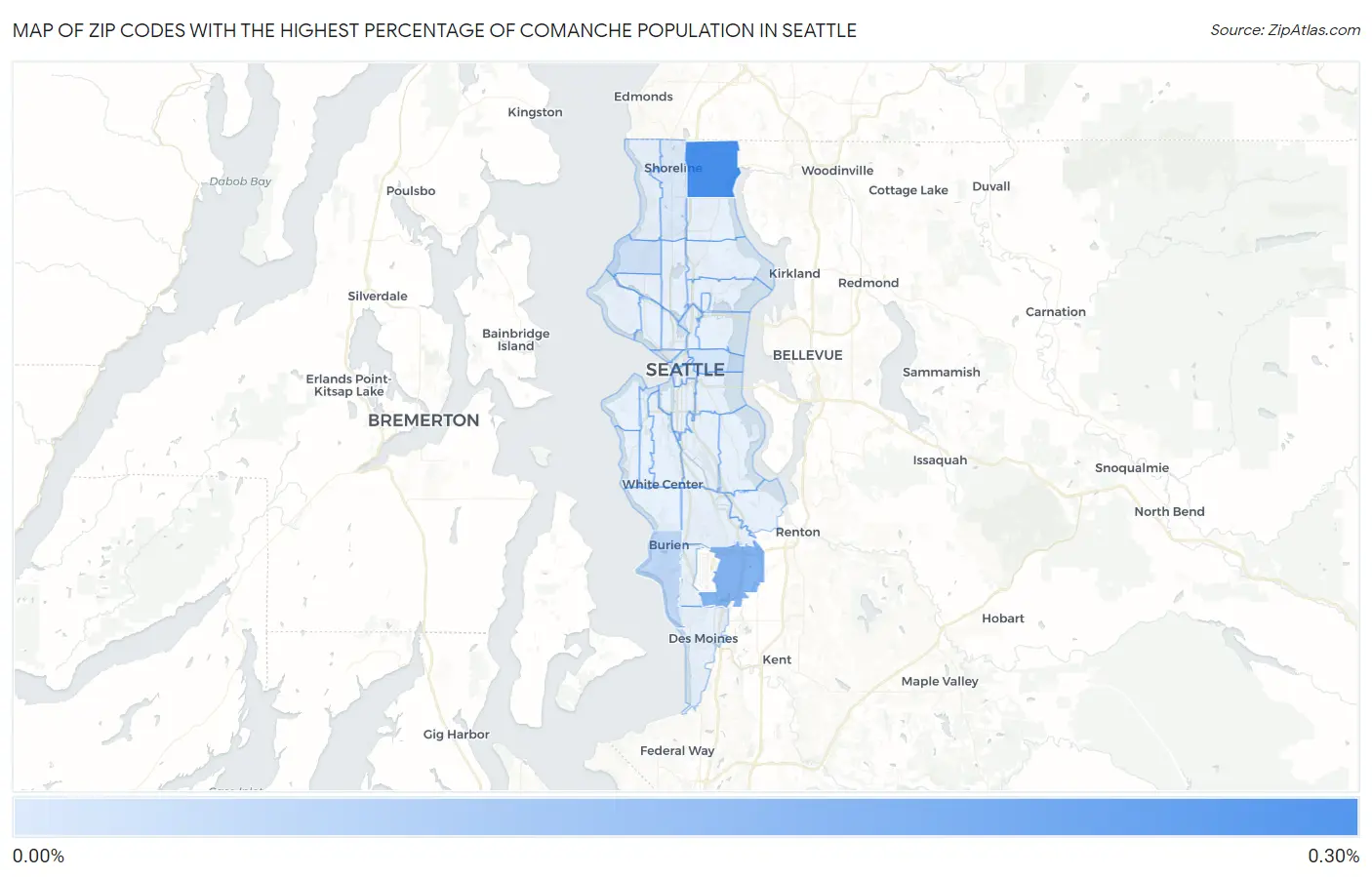 Zip Codes with the Highest Percentage of Comanche Population in Seattle Map