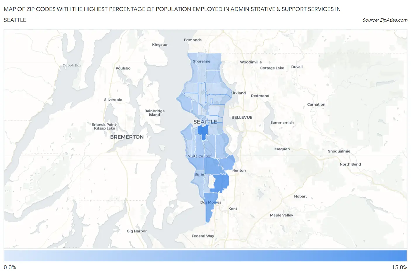 Zip Codes with the Highest Percentage of Population Employed in Administrative & Support Services in Seattle Map