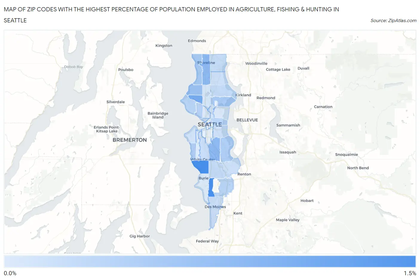 Zip Codes with the Highest Percentage of Population Employed in Agriculture, Fishing & Hunting in Seattle Map