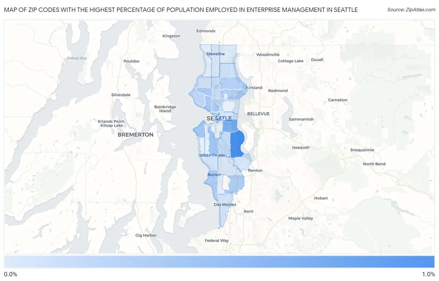 Zip Codes with the Highest Percentage of Population Employed in Enterprise Management in Seattle Map