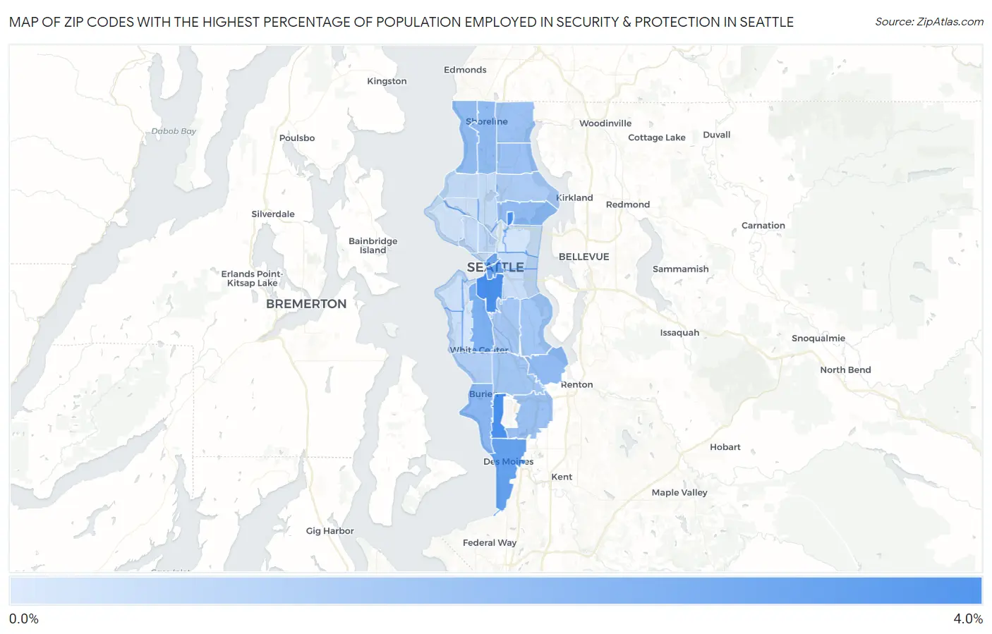 Zip Codes with the Highest Percentage of Population Employed in Security & Protection in Seattle Map