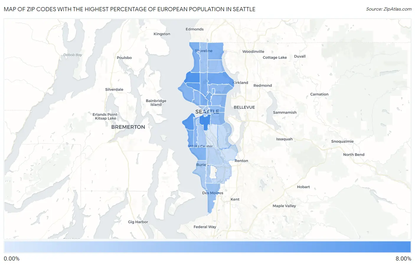 Zip Codes with the Highest Percentage of European Population in Seattle Map