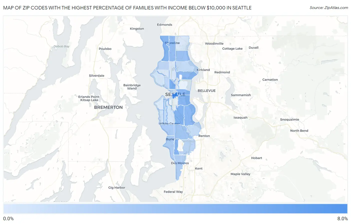 Zip Codes with the Highest Percentage of Families with Income Below $10,000 in Seattle Map