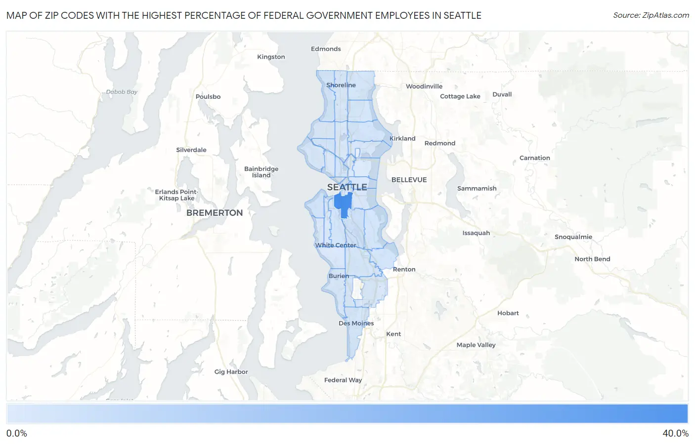 Zip Codes with the Highest Percentage of Federal Government Employees in Seattle Map
