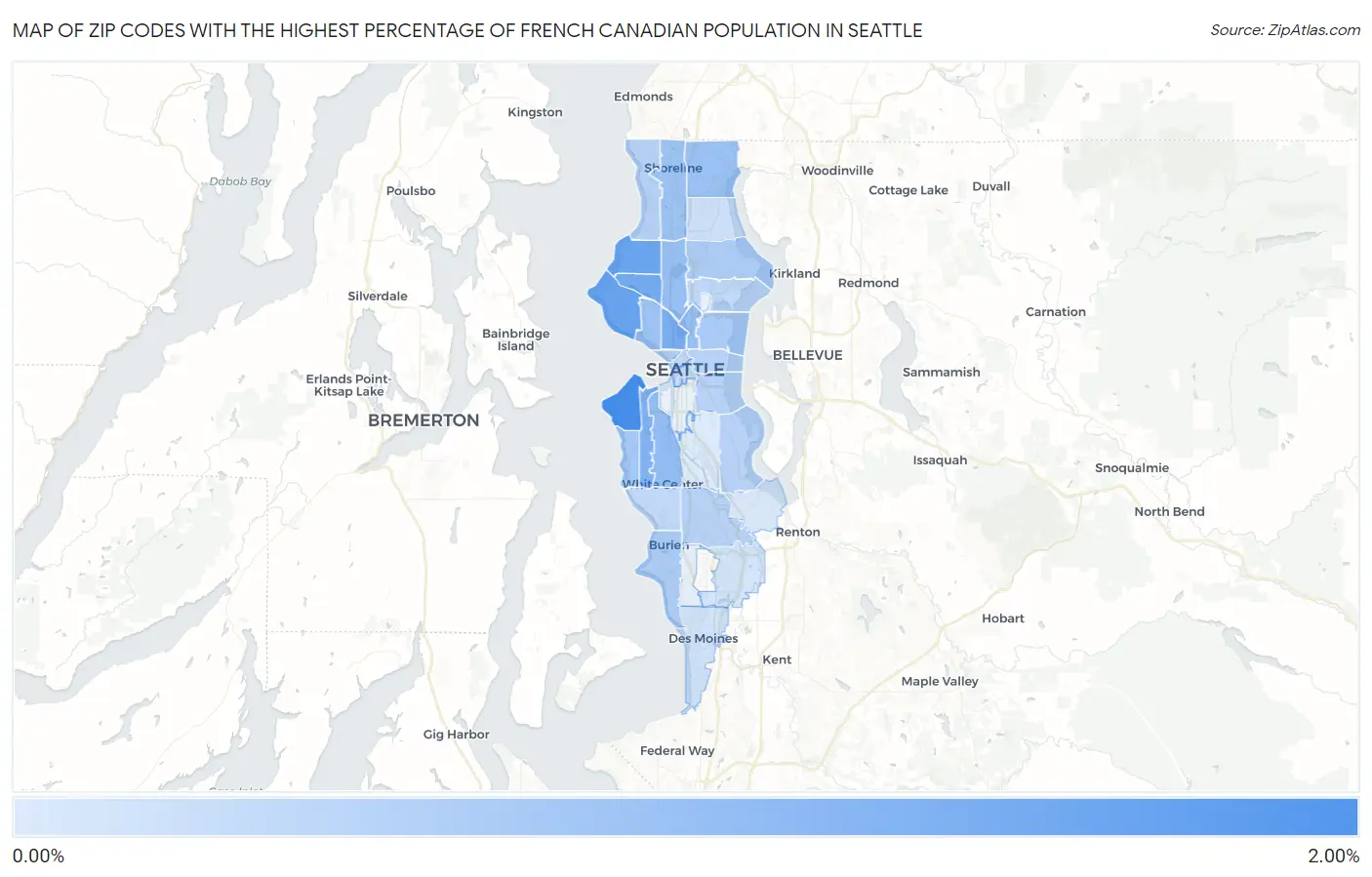 Zip Codes with the Highest Percentage of French Canadian Population in Seattle Map