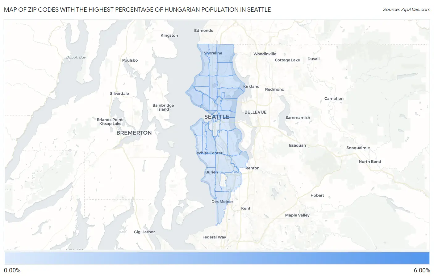 Zip Codes with the Highest Percentage of Hungarian Population in Seattle Map