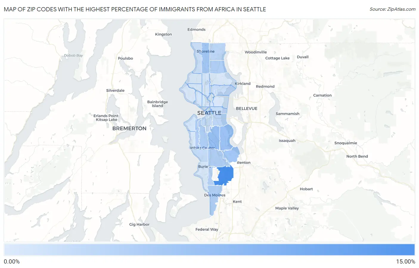 Zip Codes with the Highest Percentage of Immigrants from Africa in Seattle Map