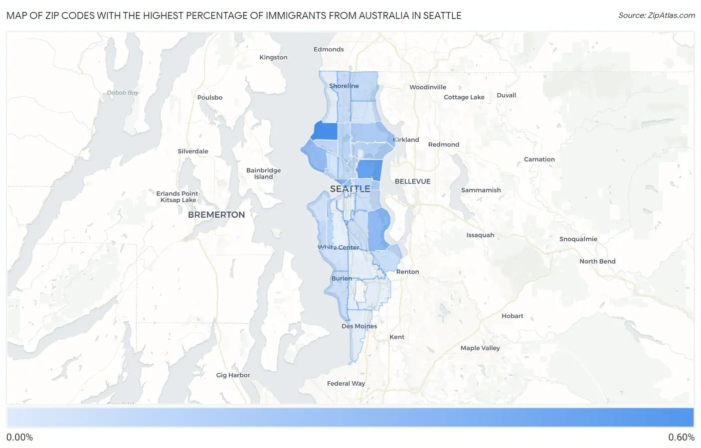 Zip Codes with the Highest Percentage of Immigrants from Australia in Seattle Map
