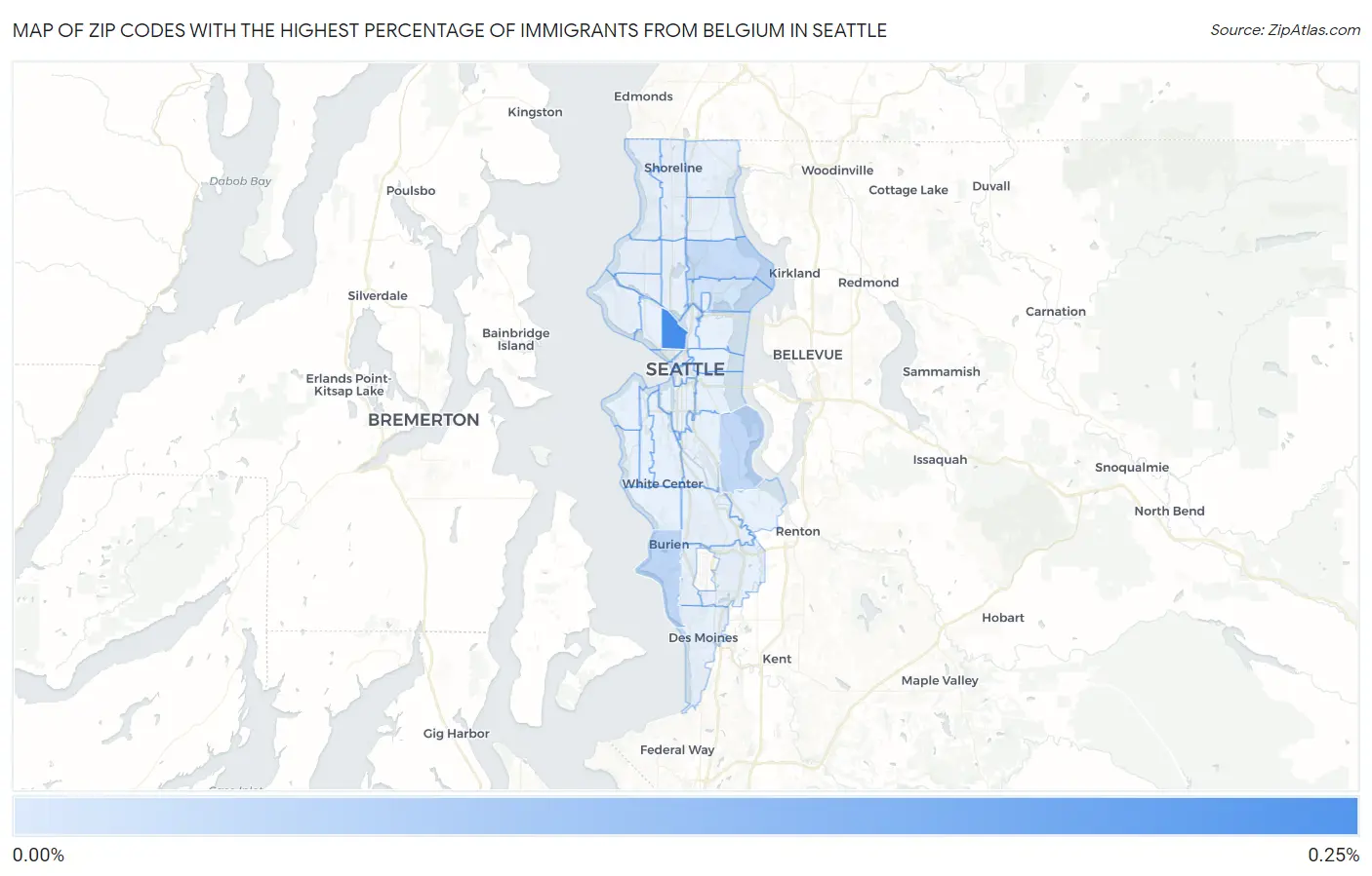 Zip Codes with the Highest Percentage of Immigrants from Belgium in Seattle Map