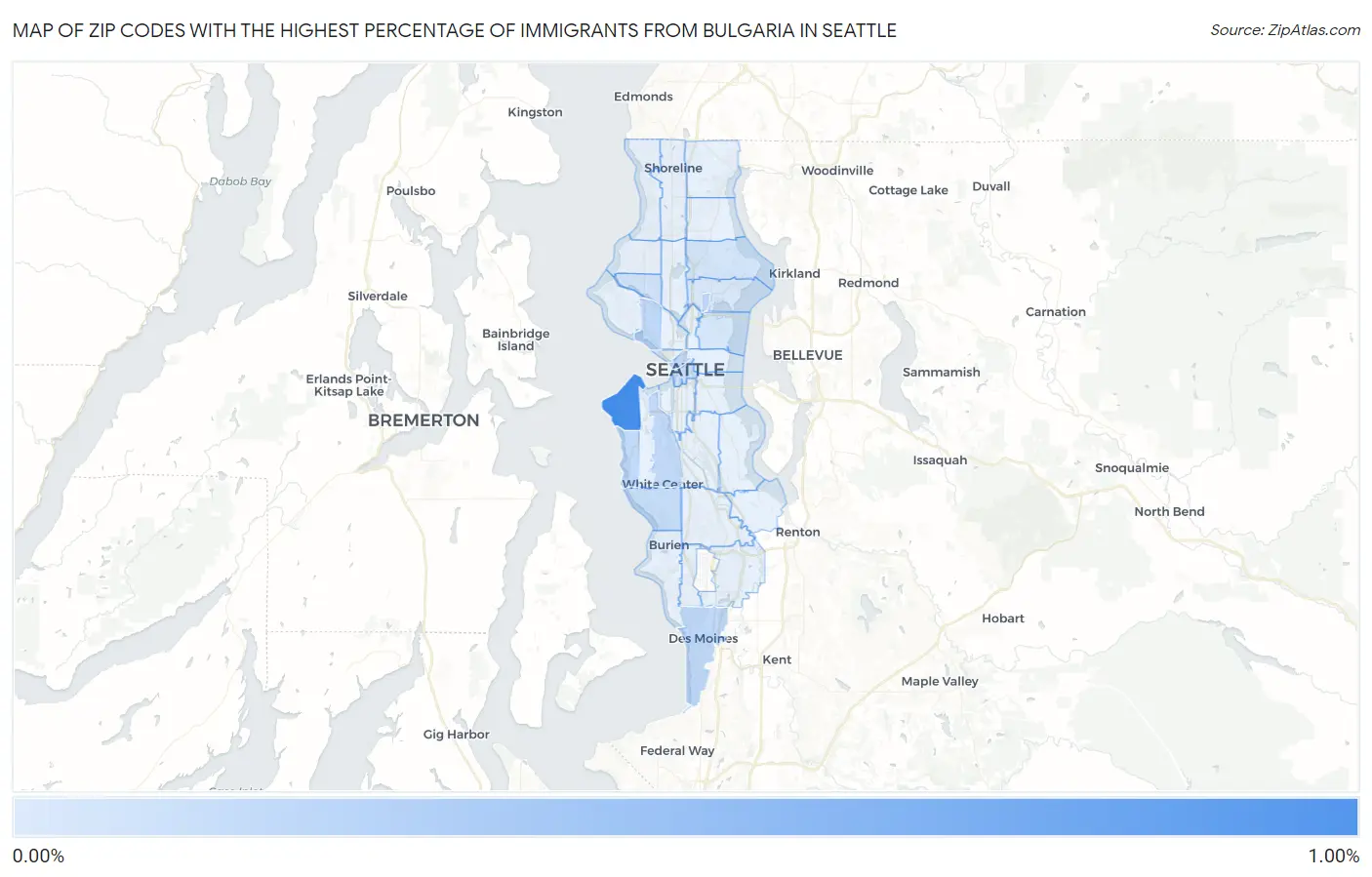 Zip Codes with the Highest Percentage of Immigrants from Bulgaria in Seattle Map