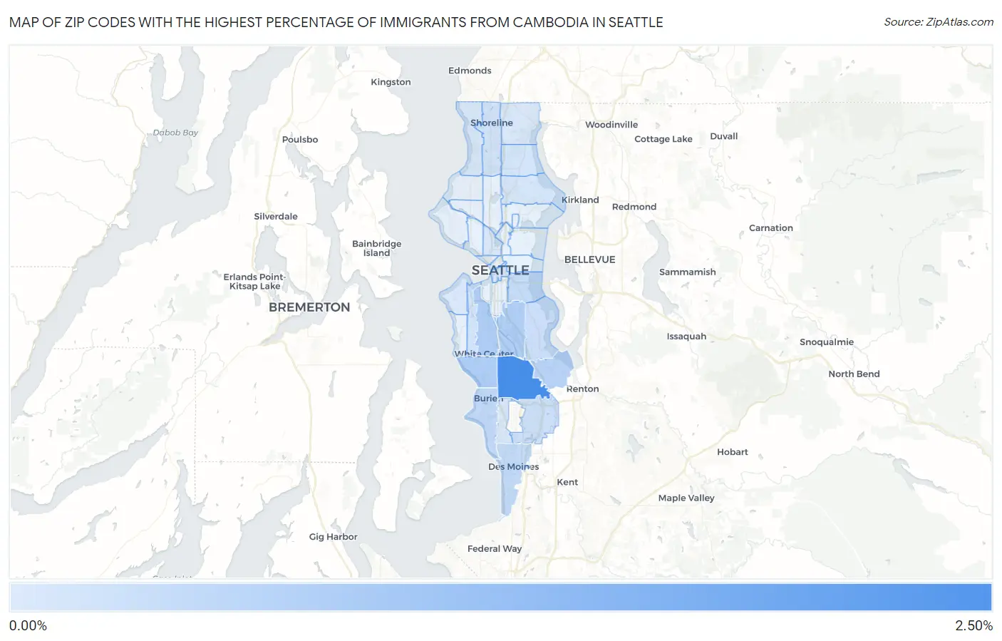 Zip Codes with the Highest Percentage of Immigrants from Cambodia in Seattle Map