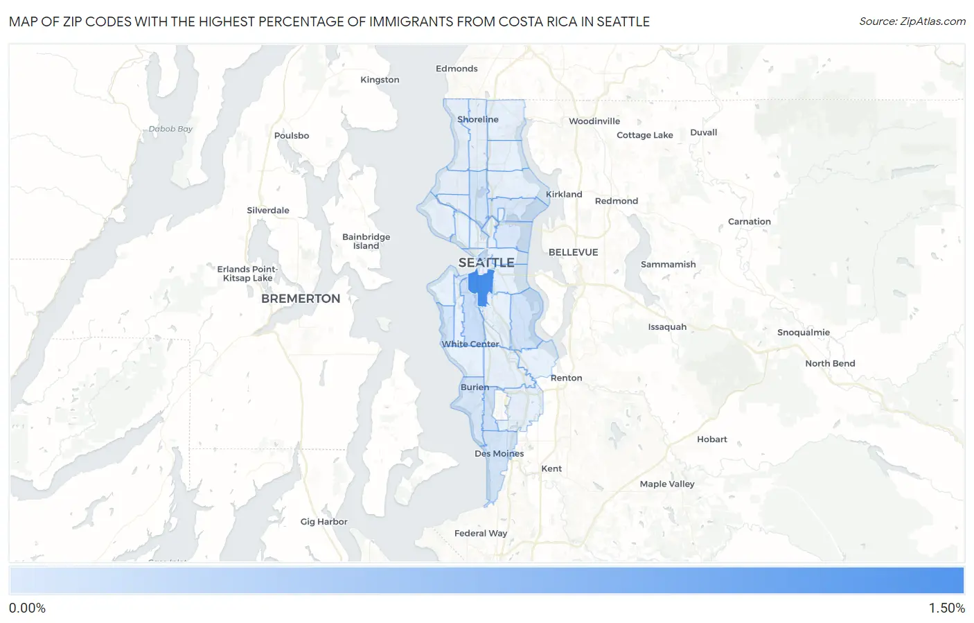 Zip Codes with the Highest Percentage of Immigrants from Costa Rica in Seattle Map