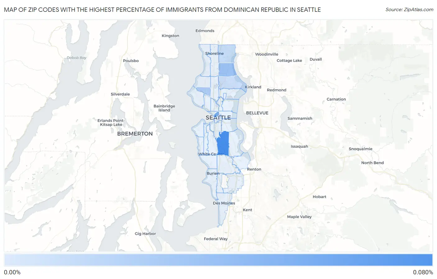 Zip Codes with the Highest Percentage of Immigrants from Dominican Republic in Seattle Map