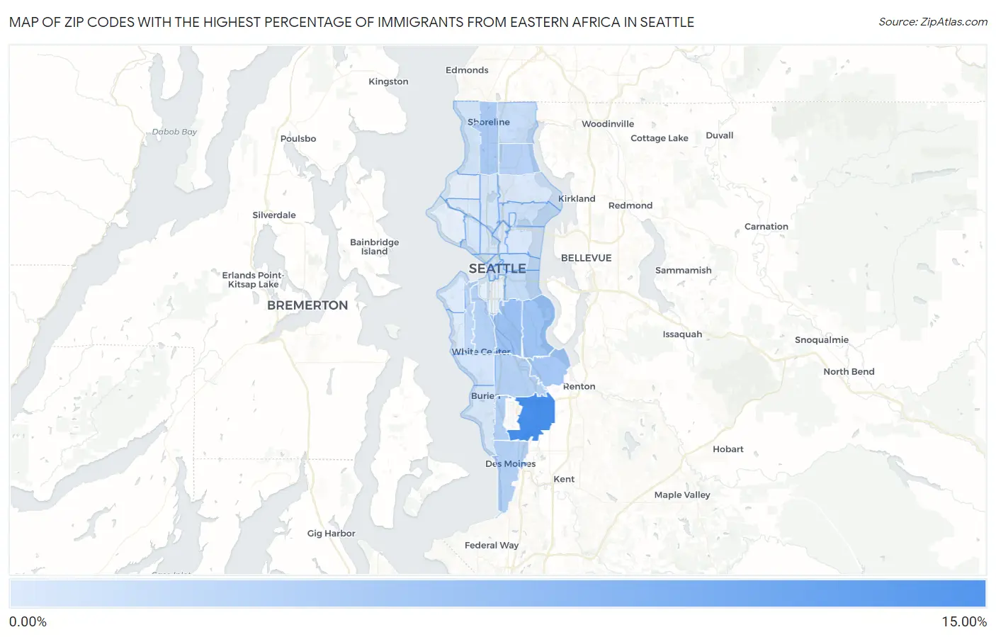 Zip Codes with the Highest Percentage of Immigrants from Eastern Africa in Seattle Map