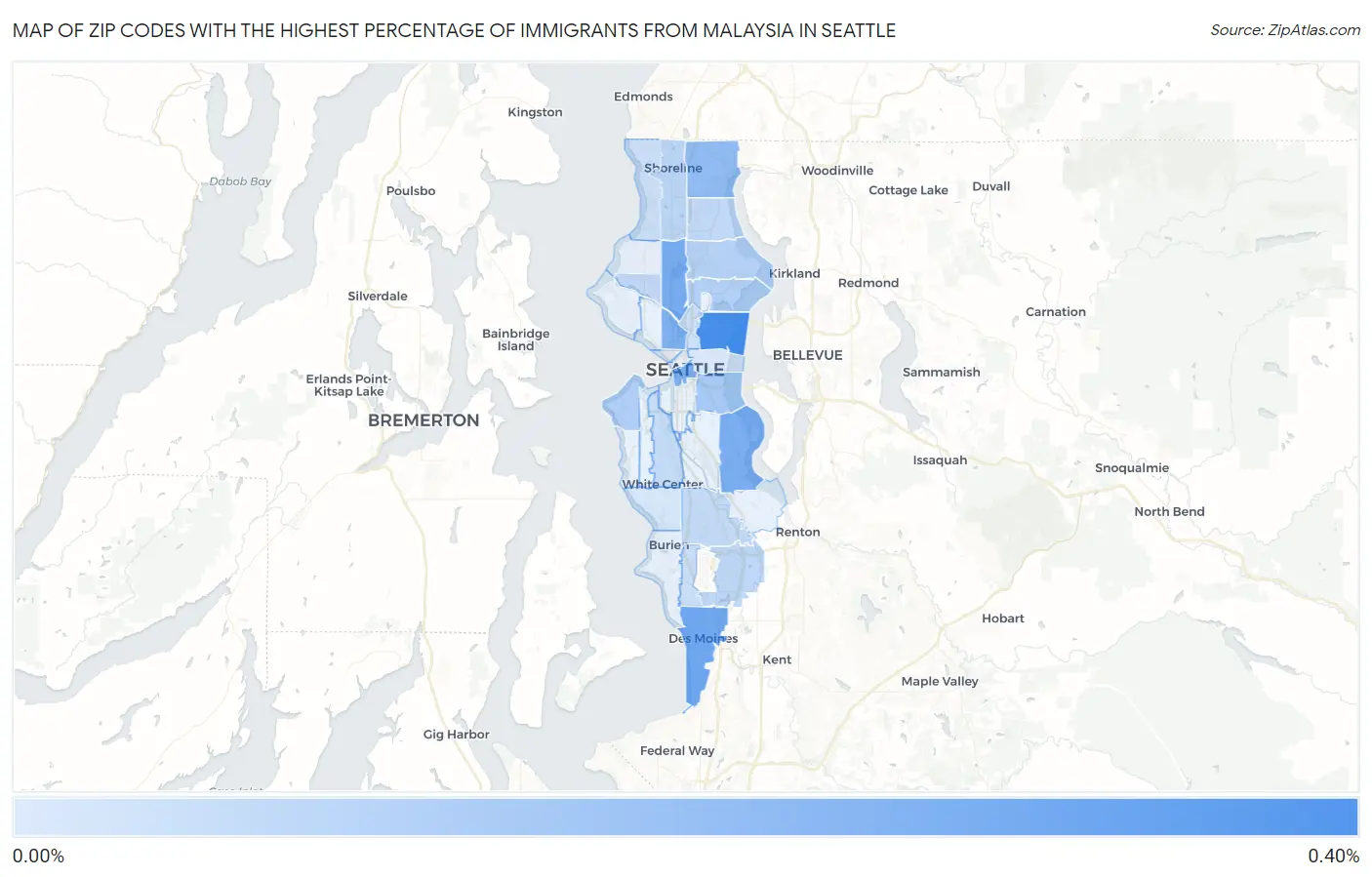 Zip Codes with the Highest Percentage of Immigrants from Malaysia in Seattle Map