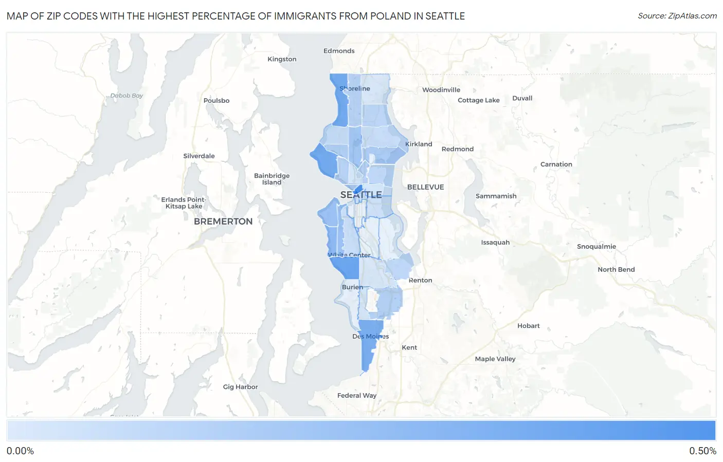 Zip Codes with the Highest Percentage of Immigrants from Poland in Seattle Map