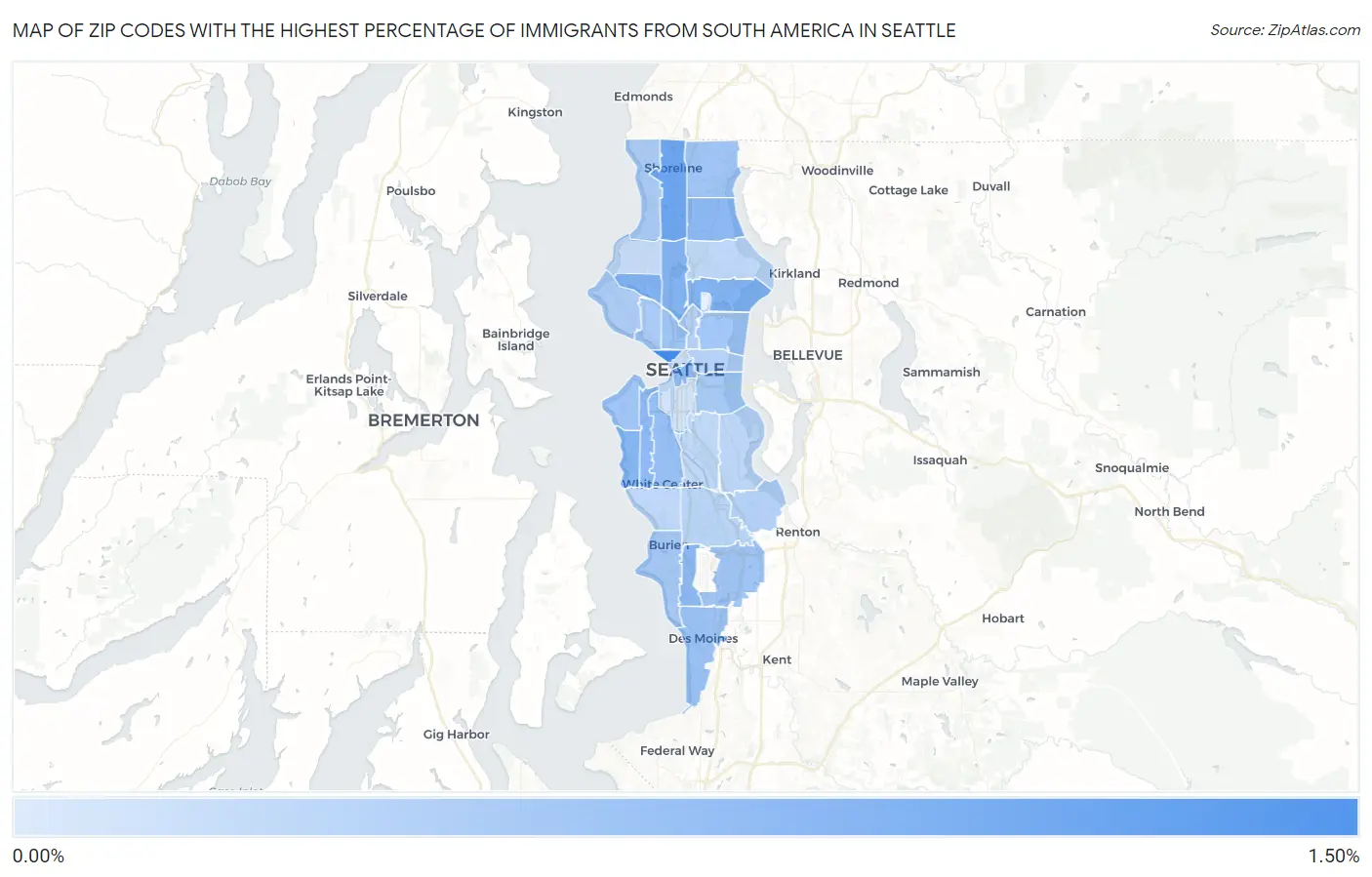 Zip Codes with the Highest Percentage of Immigrants from South America in Seattle Map