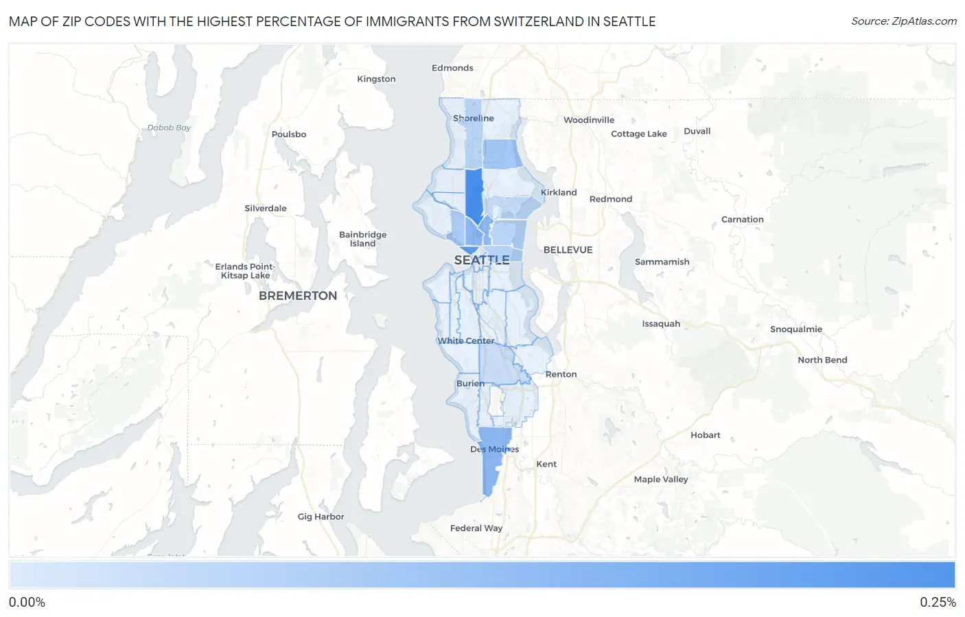 Zip Codes with the Highest Percentage of Immigrants from Switzerland in Seattle Map