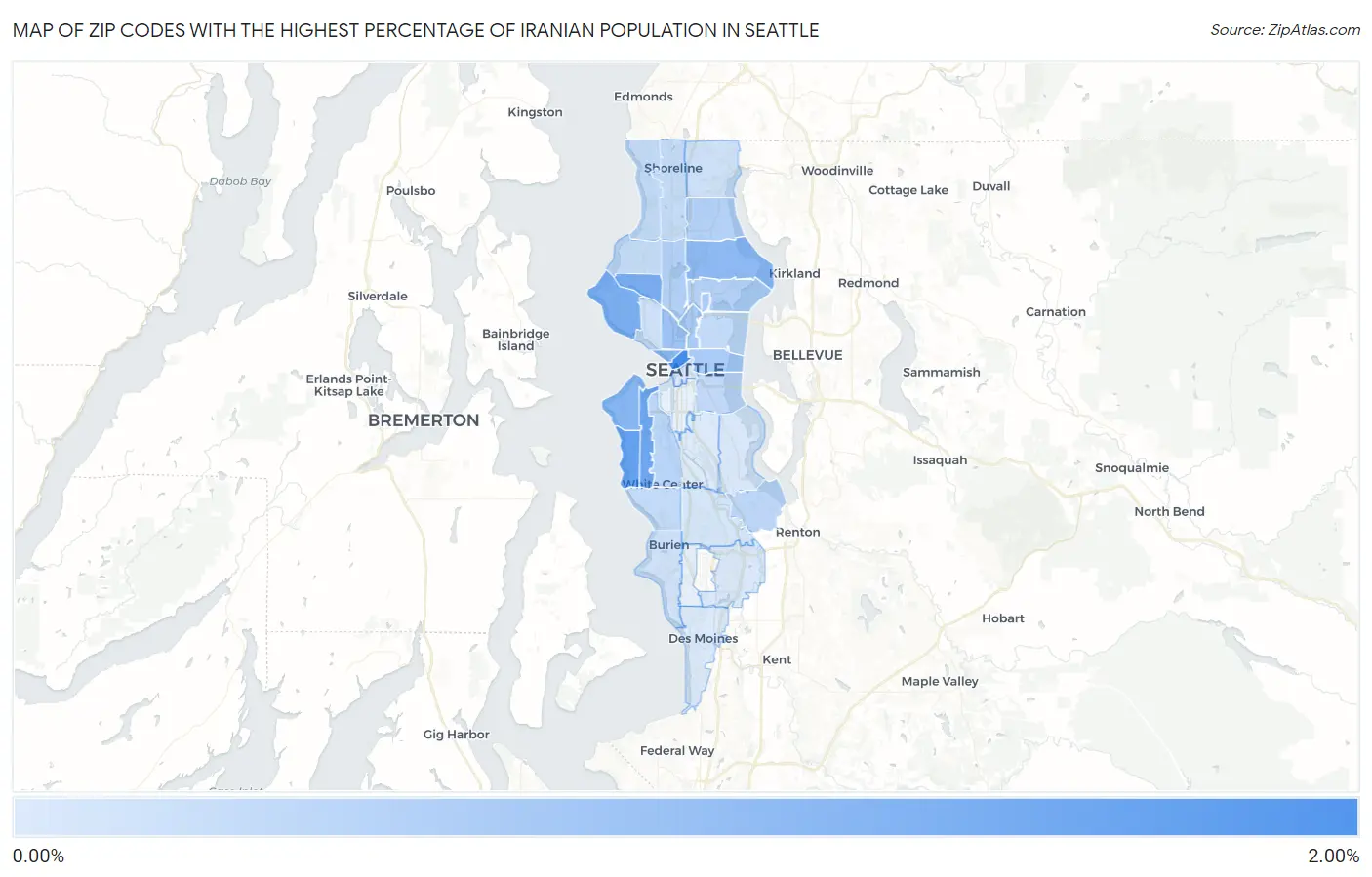 Zip Codes with the Highest Percentage of Iranian Population in Seattle Map
