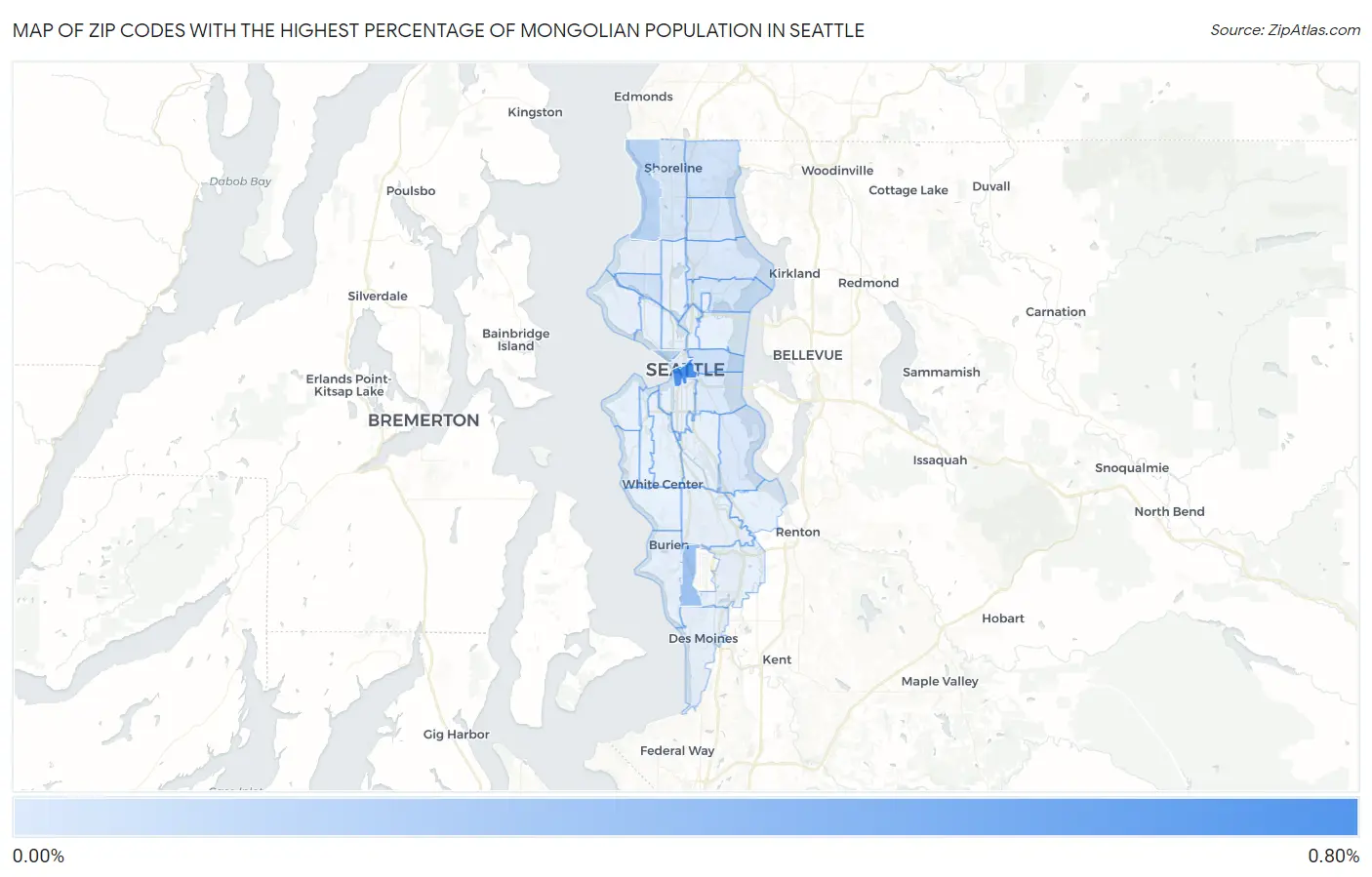 Zip Codes with the Highest Percentage of Mongolian Population in Seattle Map