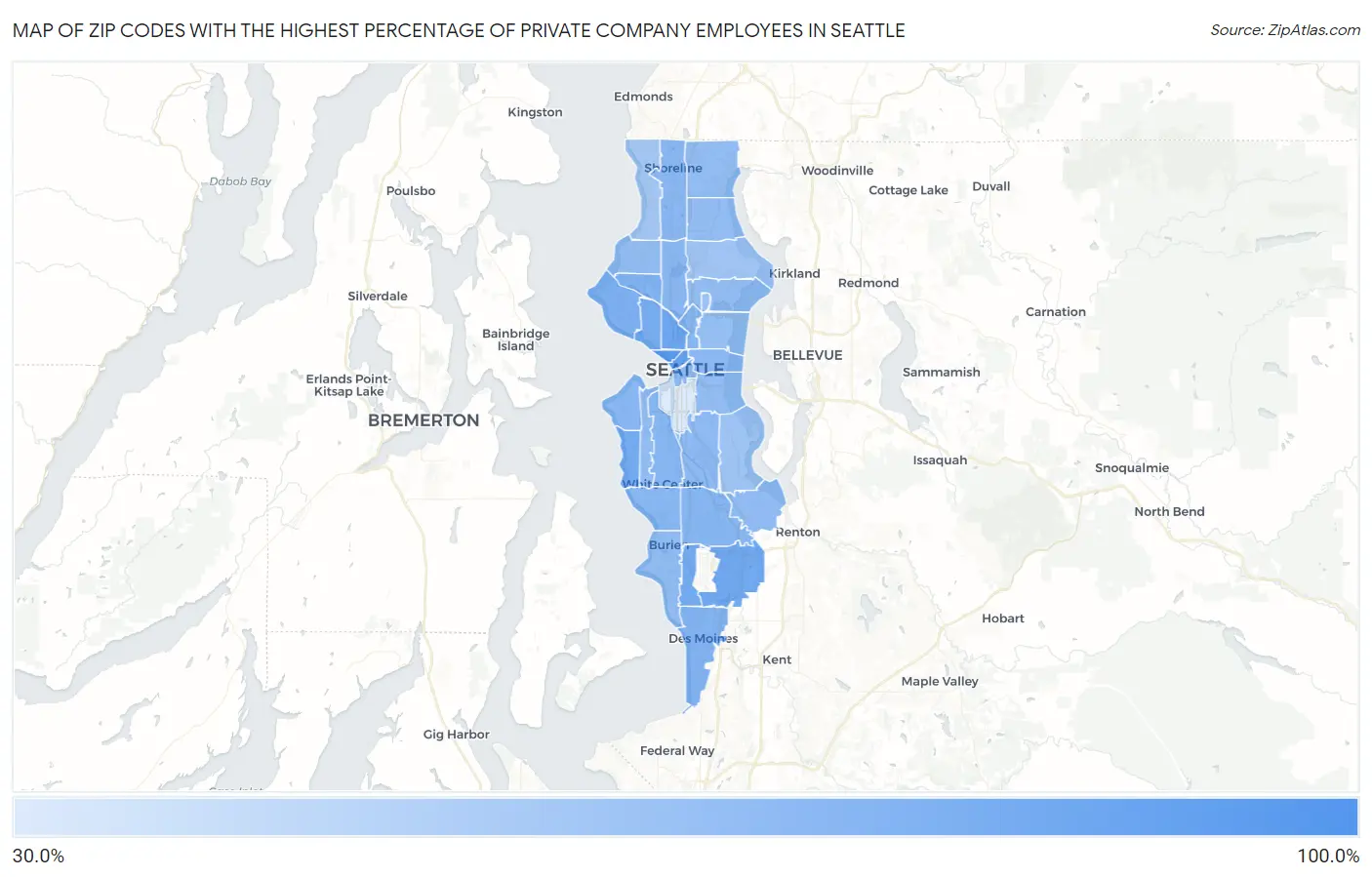 Zip Codes with the Highest Percentage of Private Company Employees in Seattle Map
