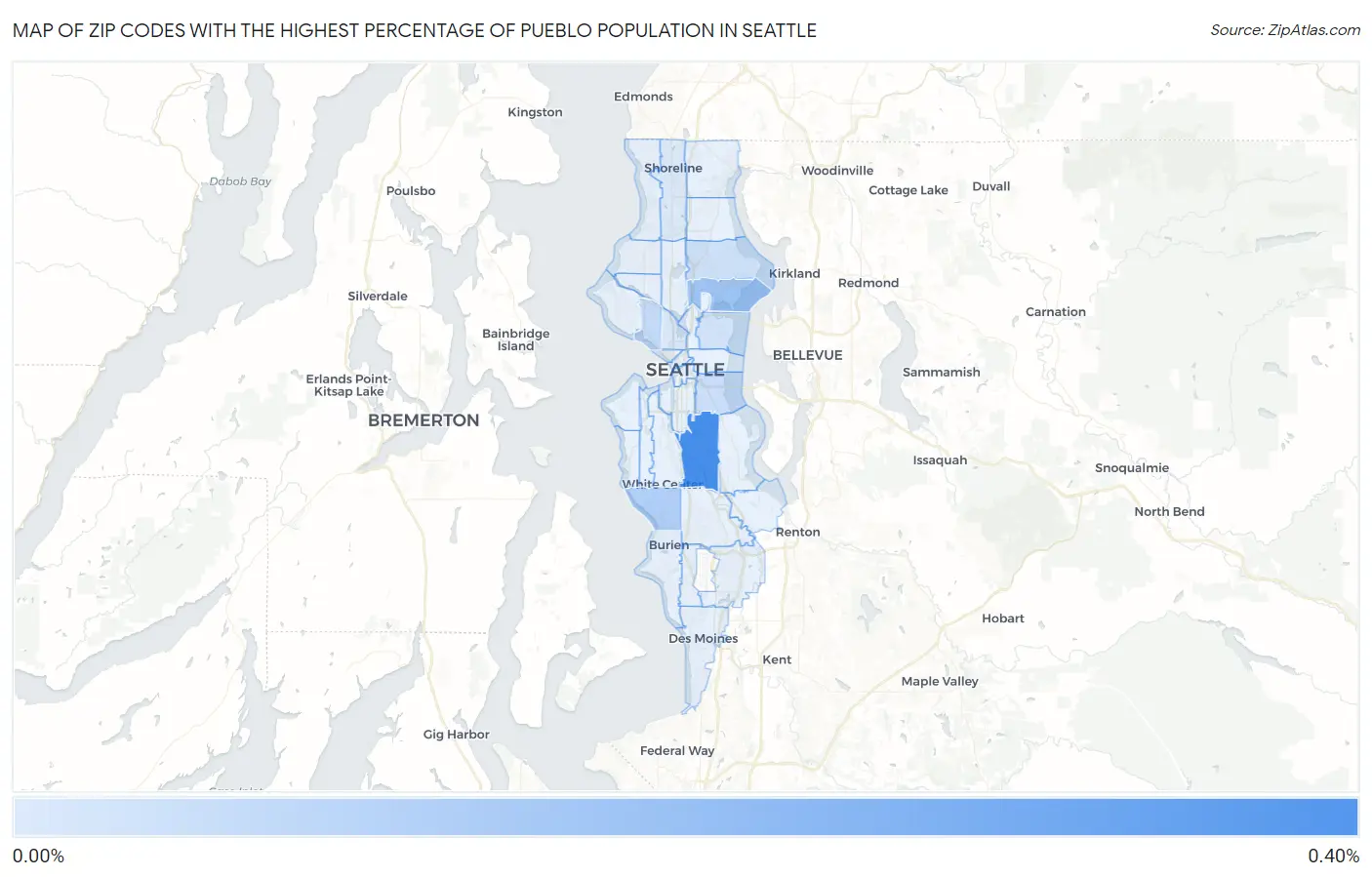 Zip Codes with the Highest Percentage of Pueblo Population in Seattle Map