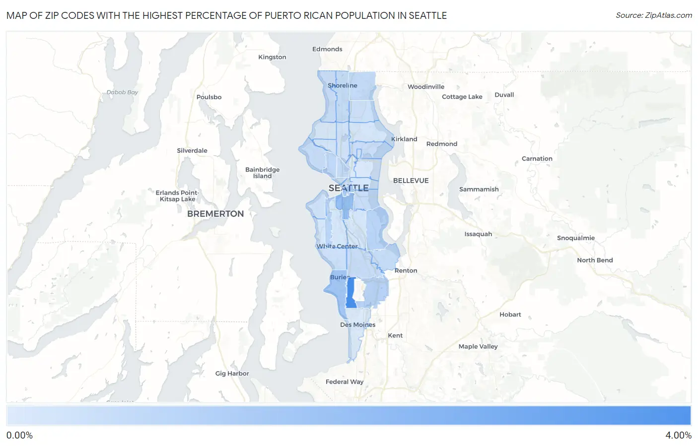 Zip Codes with the Highest Percentage of Puerto Rican Population in Seattle Map