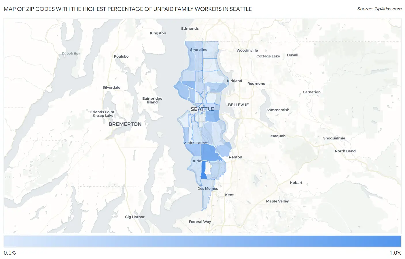 Zip Codes with the Highest Percentage of Unpaid Family Workers in Seattle Map
