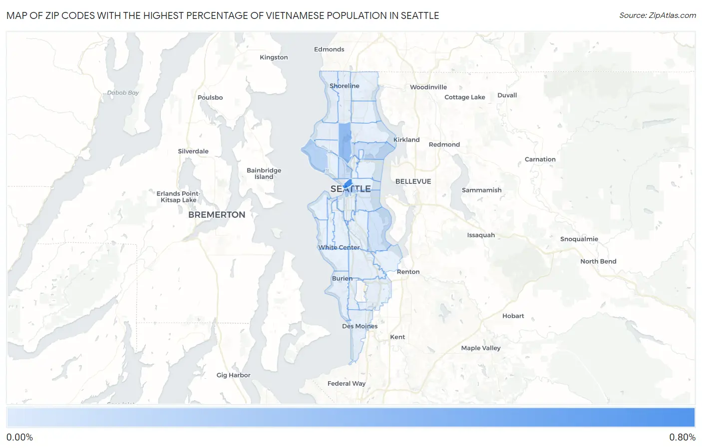 Zip Codes with the Highest Percentage of Vietnamese Population in Seattle Map