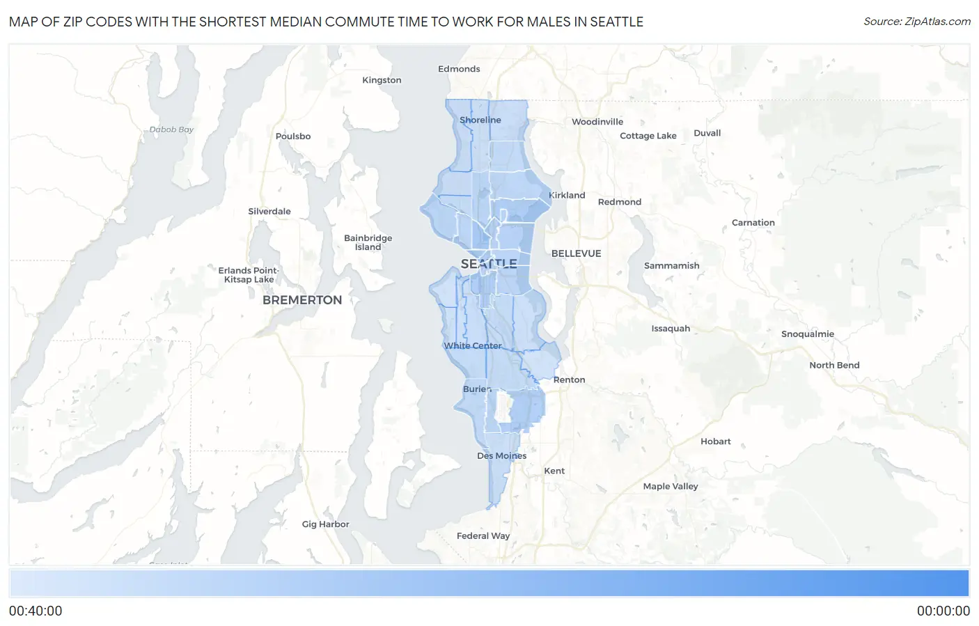Zip Codes with the Shortest Median Commute Time to Work for Males in Seattle Map