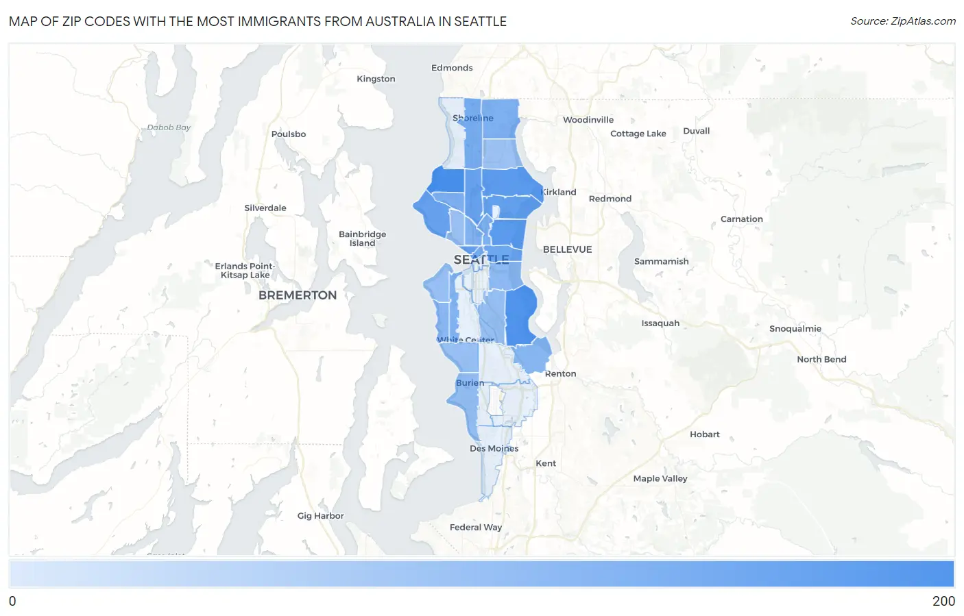 Zip Codes with the Most Immigrants from Australia in Seattle Map