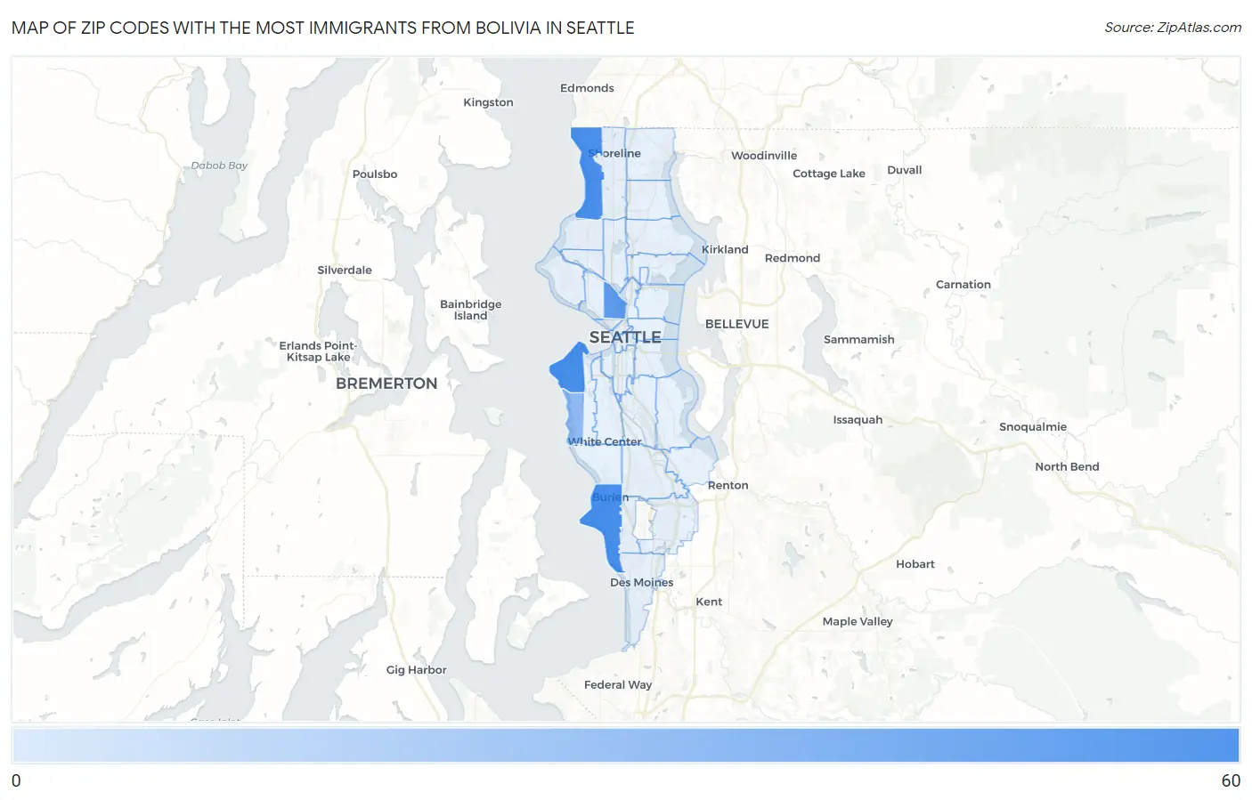 Zip Codes with the Most Immigrants from Bolivia in Seattle Map