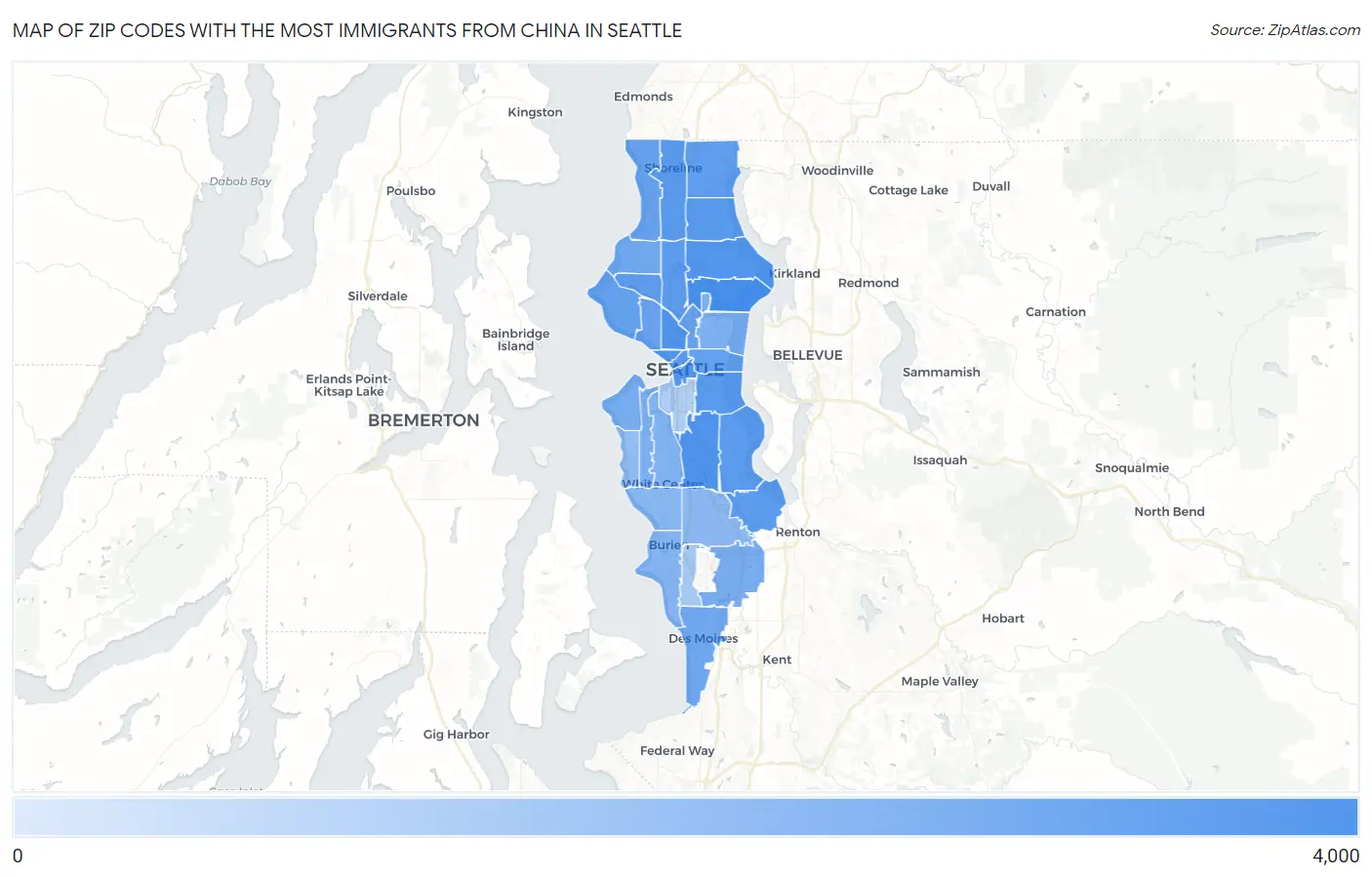 Zip Codes with the Most Immigrants from China in Seattle Map