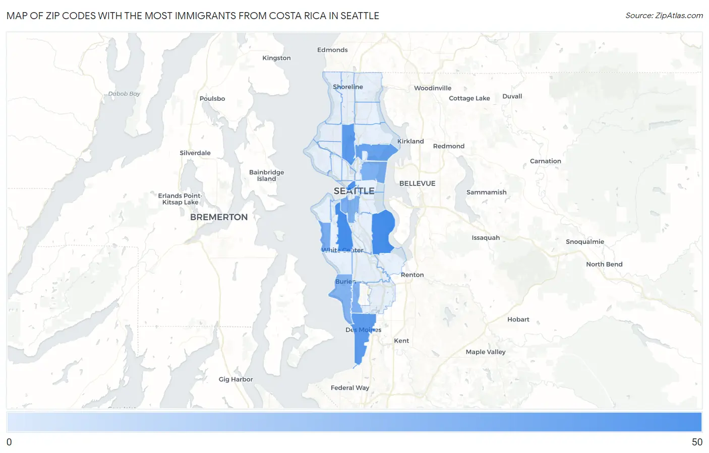 Zip Codes with the Most Immigrants from Costa Rica in Seattle Map