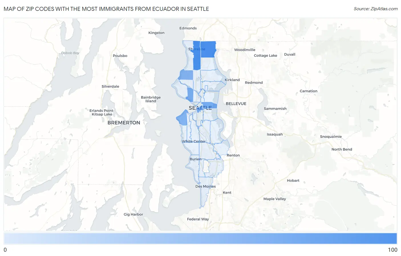Zip Codes with the Most Immigrants from Ecuador in Seattle Map