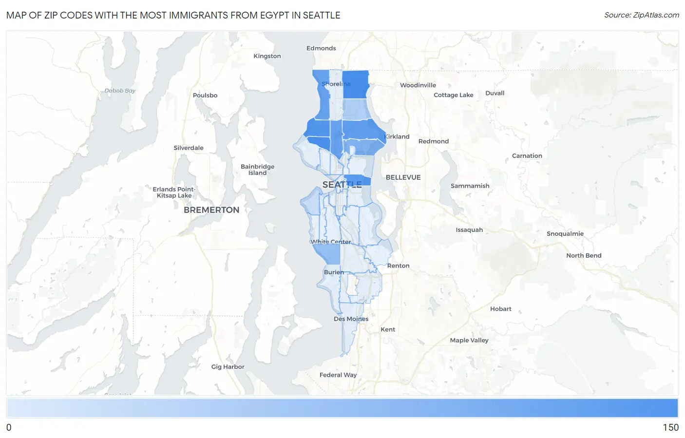 Zip Codes with the Most Immigrants from Egypt in Seattle Map