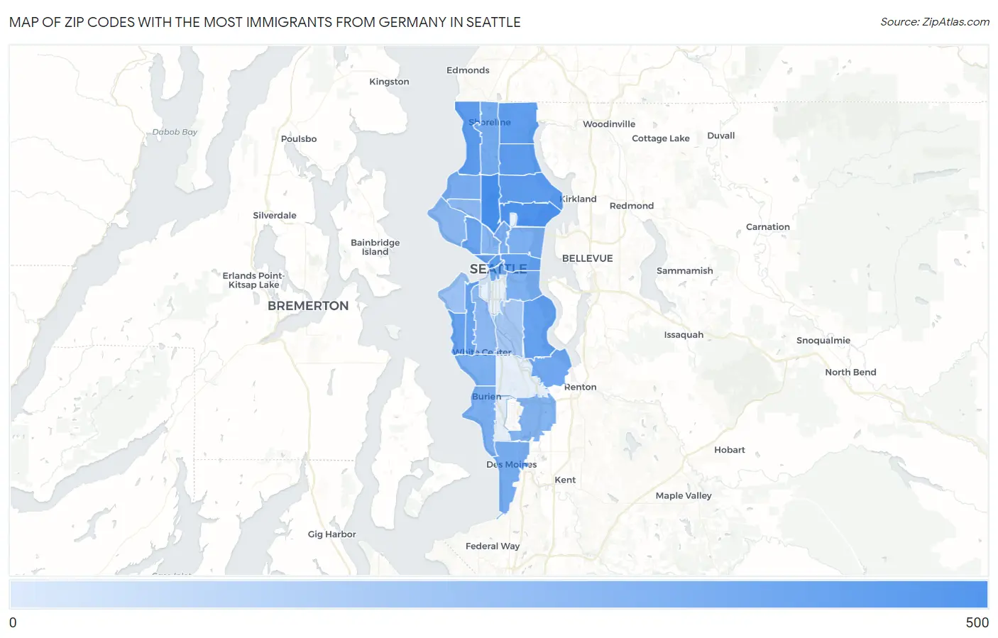 Zip Codes with the Most Immigrants from Germany in Seattle Map