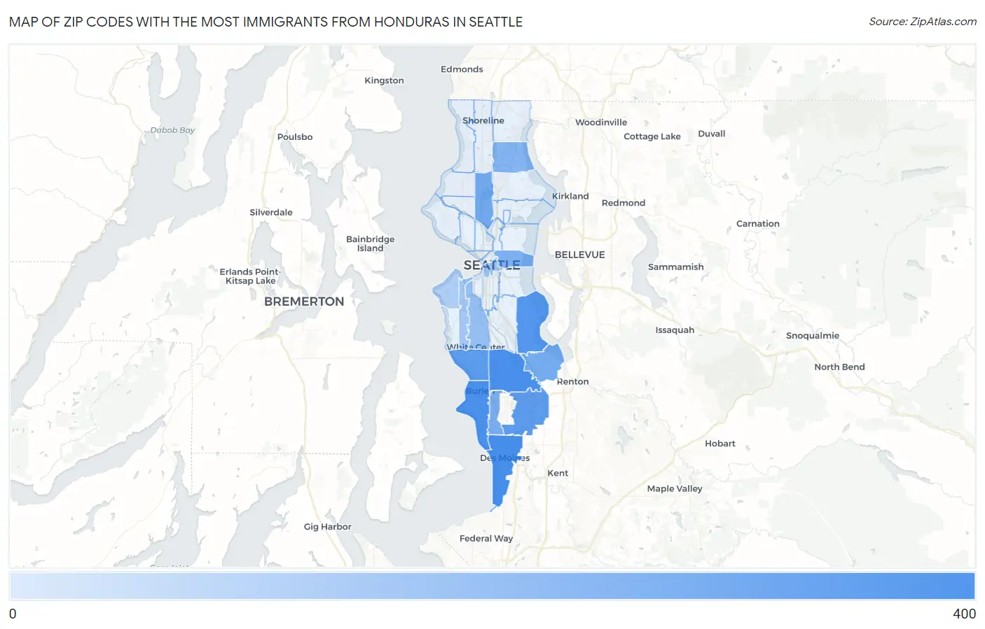Zip Codes with the Most Immigrants from Honduras in Seattle Map